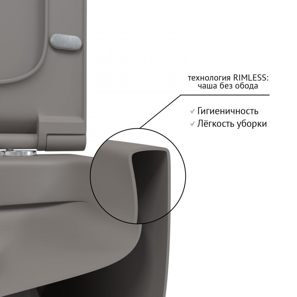 картинка Унитаз BERGES подвесной EGO XL матовый серый Rimless 54 см, сиденье дюропласт EGO XL Slim SO матовый серый, микролифт, быстросъём премиум класса