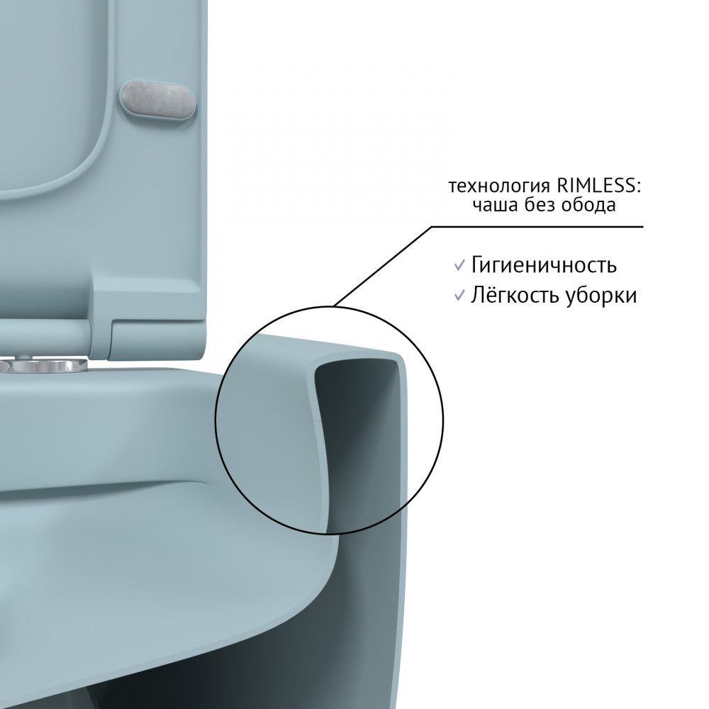 картинка Унитаз BERGES подвесной EGO XL матовый голубой Rimless 54 см, сиденье дюропласт EGO XL Slim SO матовый голубой, микролифт, быстросъём премиум класса