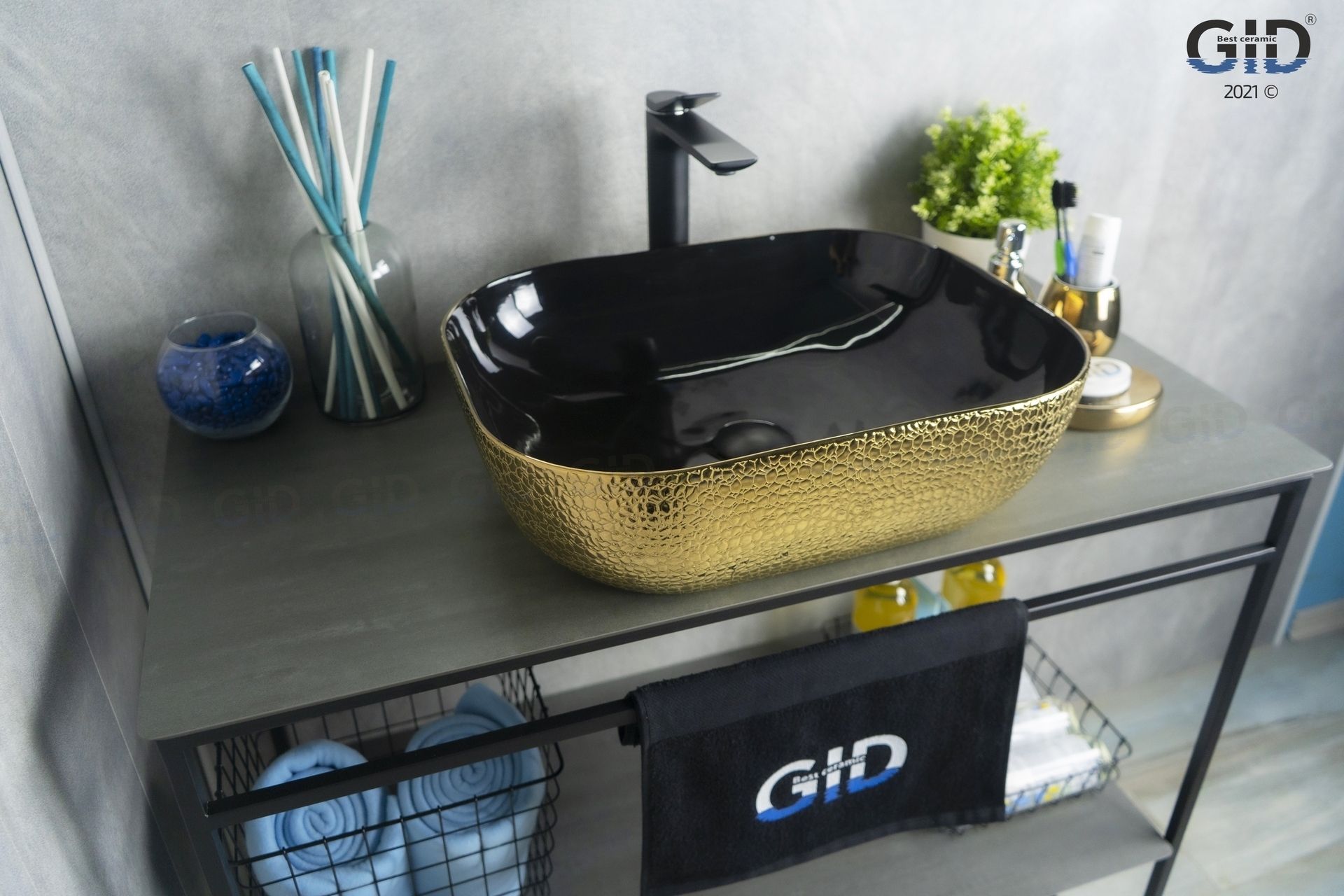 картинка Раковина накладная Gid D1302h024 прямоугольная цвет: Черный / Темное золото от магазина сантехники CULTA