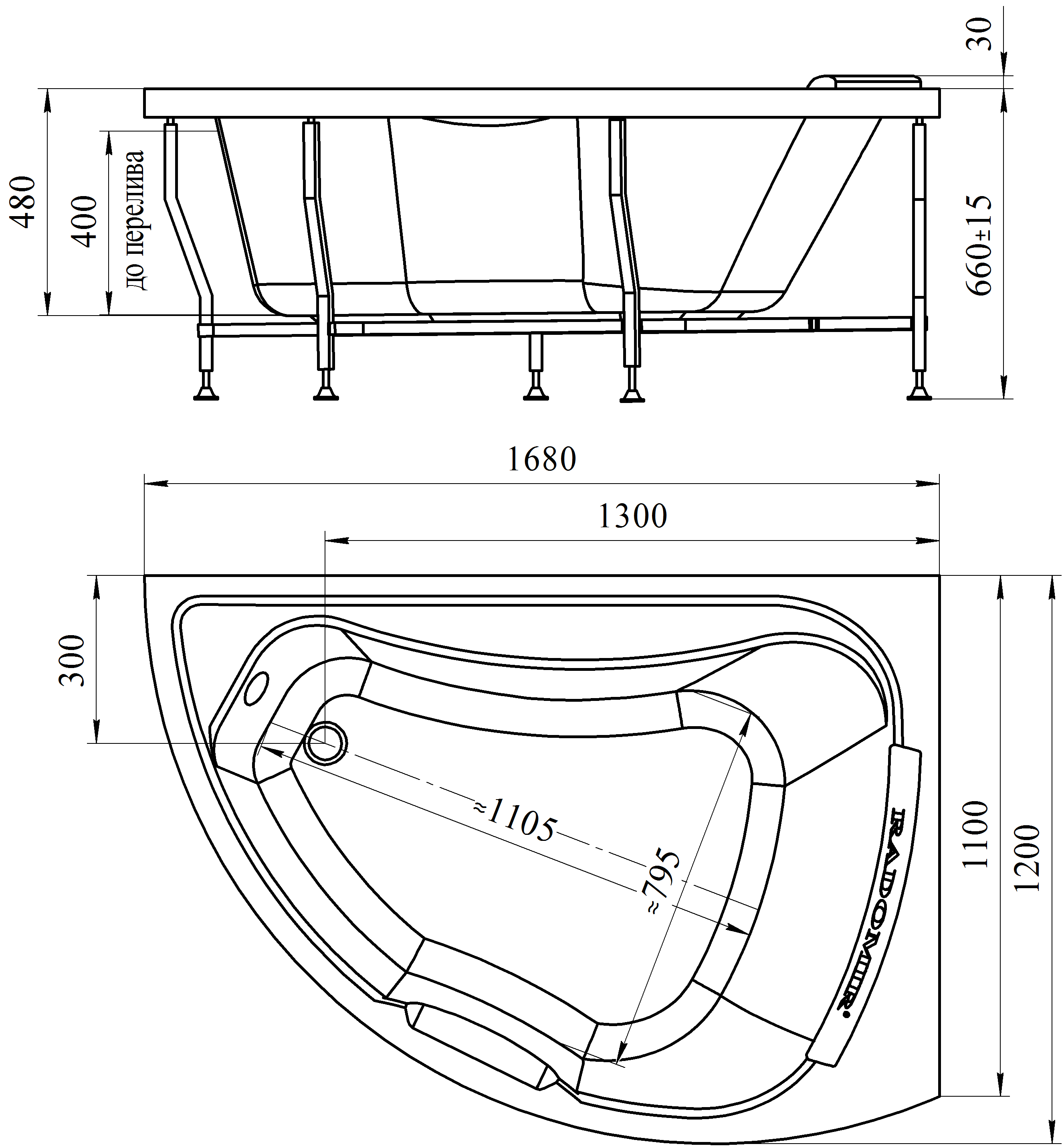 Ванна акриловая "АЛЬБЕНА", 1680х1200 (правое исполнение), рама-подставка, подголовник