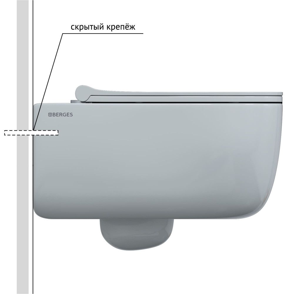 картинка Унитаз BERGES подвесной EGO XL Rimless 54 см, сиденье дюропласт Toma Slim SO, микролифт, быстросъём премиум класса