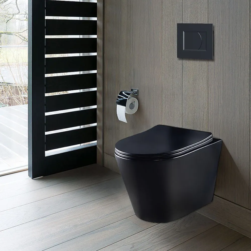 картинка Инсталляция с подвесным унитазом CULTO МОНЕ блэк (MONET black). Комплект: подвесной безободковый черный унитаз, сиденье с микролифтом, инсталляция, клавиша смыва черная от магазина CULTO